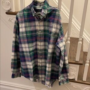 VINTAGE Ralph Lauren Men's Plaid Shirt - Green, Blue, and White